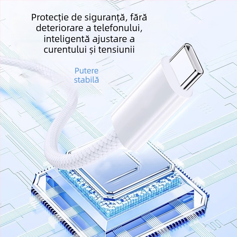 Cablu USB-C la USB-C din material textil, pentru transfer de date, 60W încărcare rapidă, compatibil cu iPhone 15