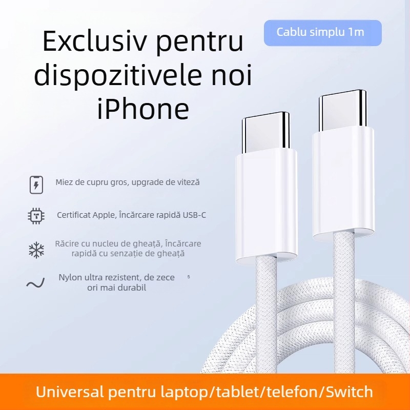 Cablu USB-C la USB-C din material textil, pentru transfer de date, 60W încărcare rapidă, compatibil cu iPhone 15