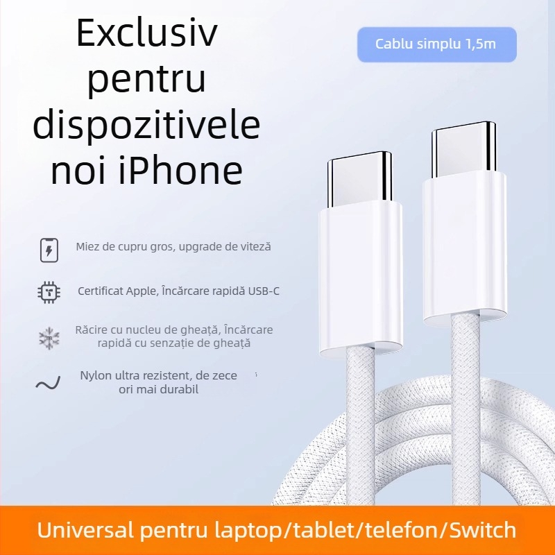 Cablu USB-C la USB-C din material textil, pentru transfer de date, 60W încărcare rapidă, compatibil cu iPhone 15