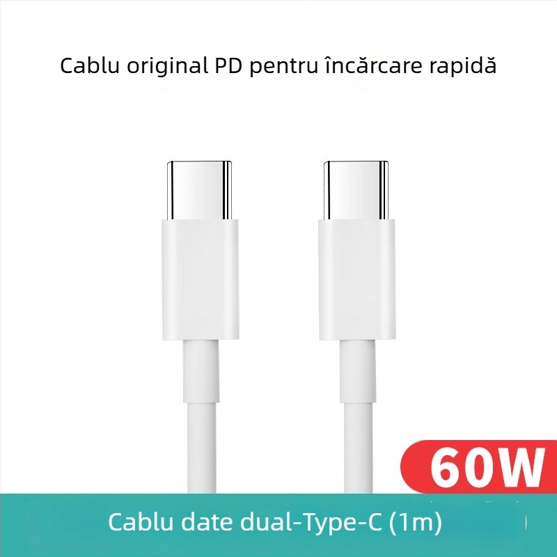 Cablu USB-C la USB-C din material textil, pentru transfer de date, 60W încărcare rapidă, compatibil cu iPhone 15