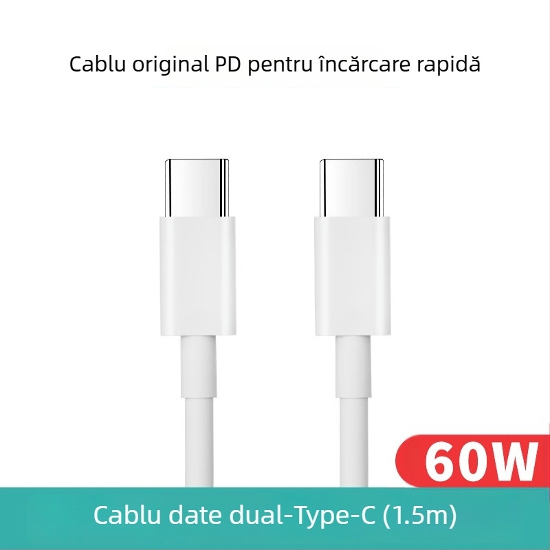 Cablu USB-C la USB-C din material textil, pentru transfer de date, 60W încărcare rapidă, compatibil cu iPhone 15