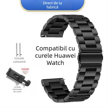 Brățară din oțel inoxidabil cu trei mărgele, compatibilă cu Apple Watch 8/SE și Huawei GT, lățime 20mm/22mm, Cataramă