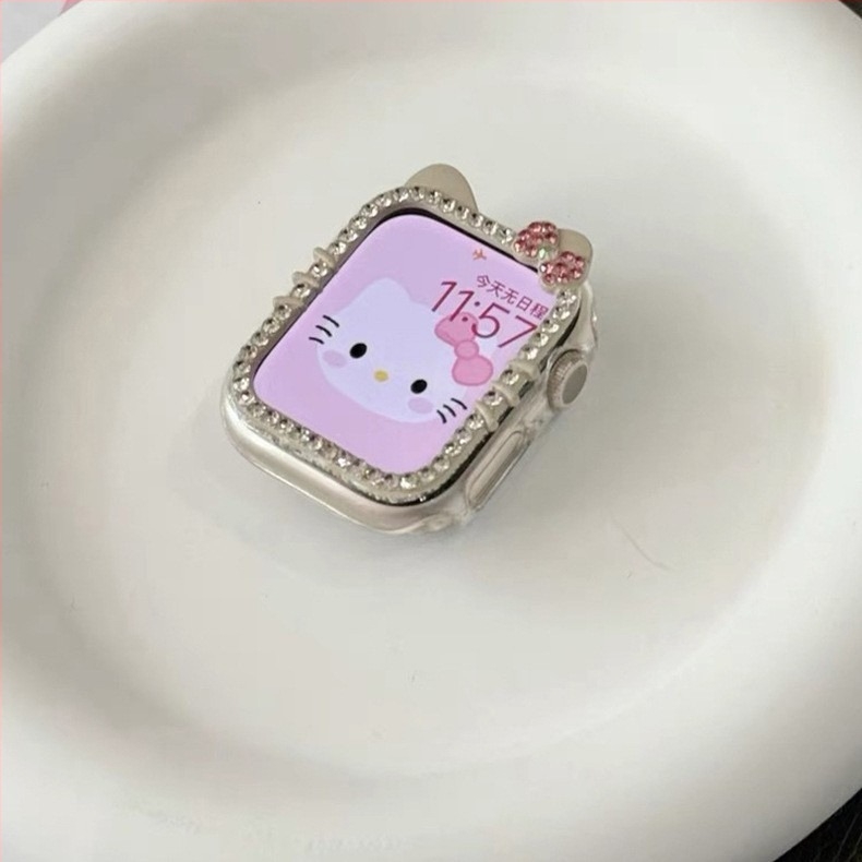 Carcasă Apple Watch KT Cat cu diamante – jumătate de protecție, pentru S8/S7/S9/S10, PC