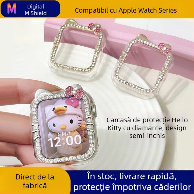 Carcasă Apple Watch KT Cat cu diamante – jumătate de protecție, pentru S8/S7/S9/S10, PC