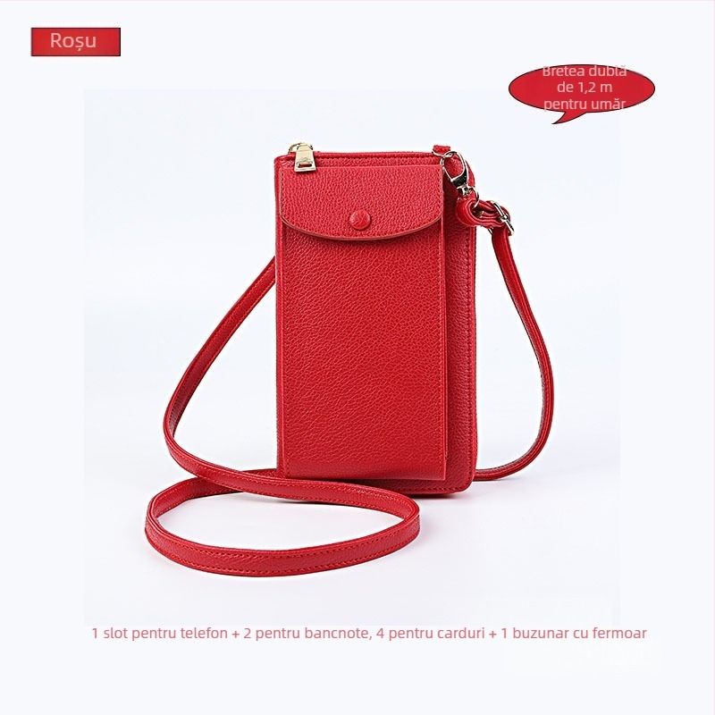 Geantă pentru telefon pentru femei din PU leather, curea crossbody - capacitate mare, formă vertical pătrată, deschidere cu capac, interior cu fermoar
