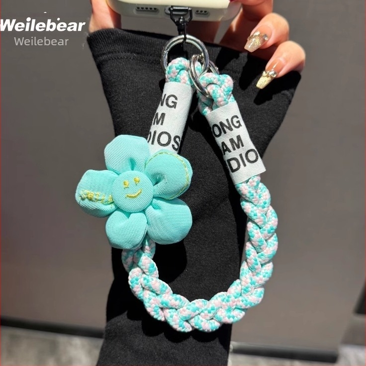 Lanyard pentru telefon mobil, curea împletită cu design Floarea-Soarelui, anti-pierdere cu buton dublu, material plastic, stil feminin