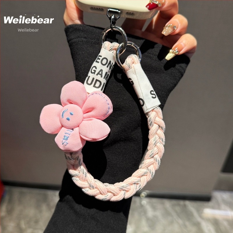 Lanyard pentru telefon mobil, curea împletită cu design Floarea-Soarelui, anti-pierdere cu buton dublu, material plastic, stil feminin