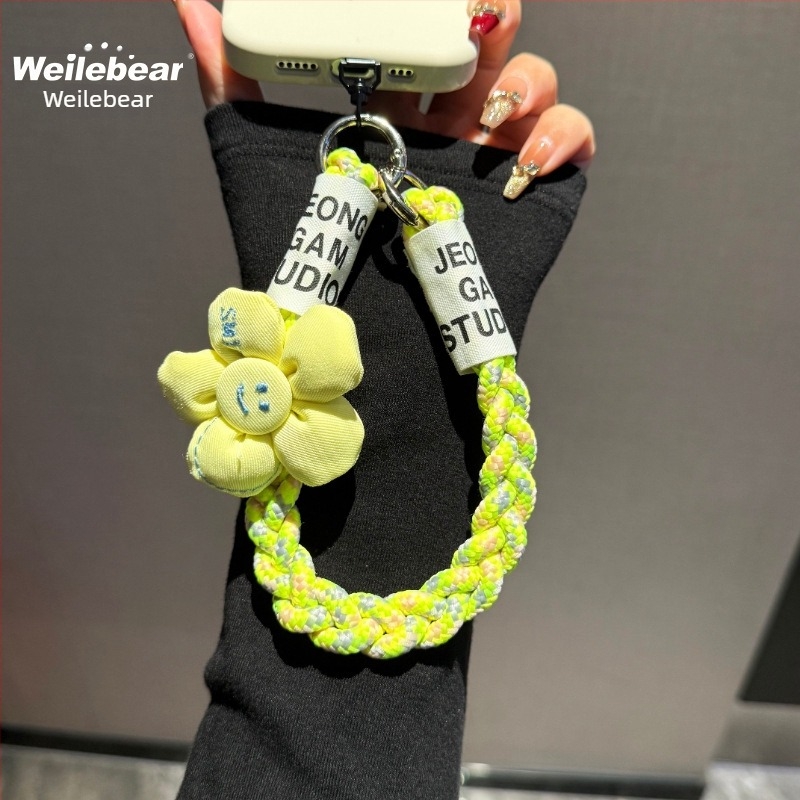 Lanyard pentru telefon mobil, curea împletită cu design Floarea-Soarelui, anti-pierdere cu buton dublu, material plastic, stil feminin