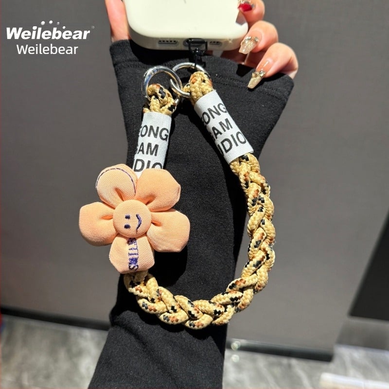 Lanyard pentru telefon mobil, curea împletită cu design Floarea-Soarelui, anti-pierdere cu buton dublu, material plastic, stil feminin