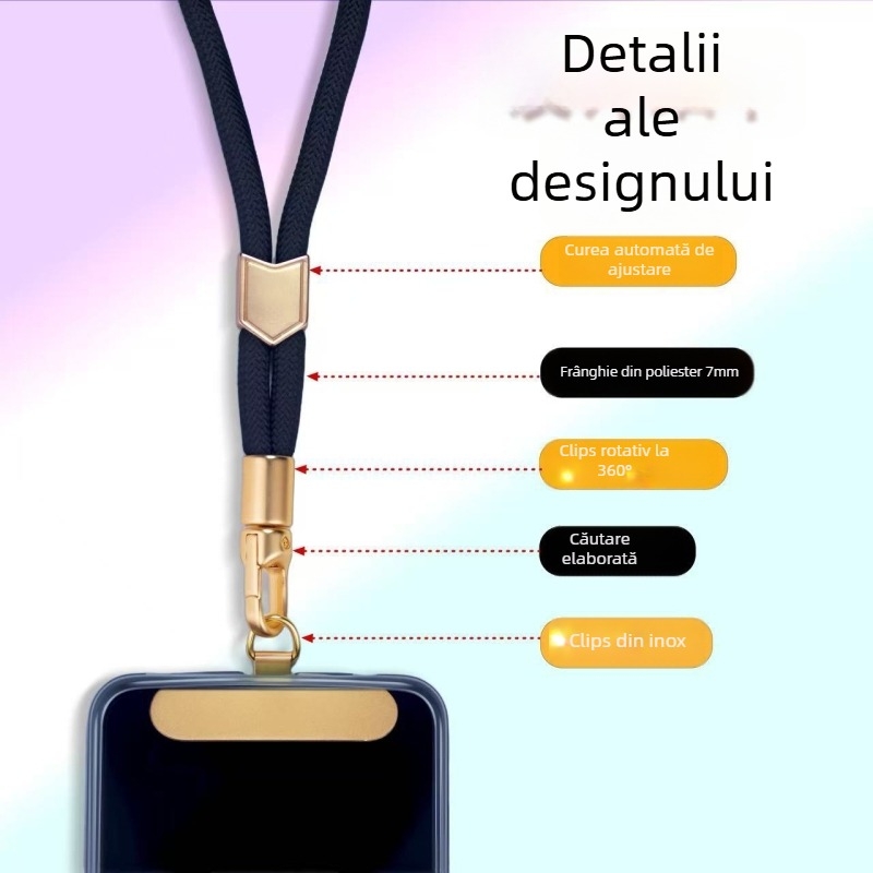 Lanyard pentru telefon – lungime reglabilă; poliester; cataramă metalică; unisex; personalizare disponibilă (imprimare siglă)
