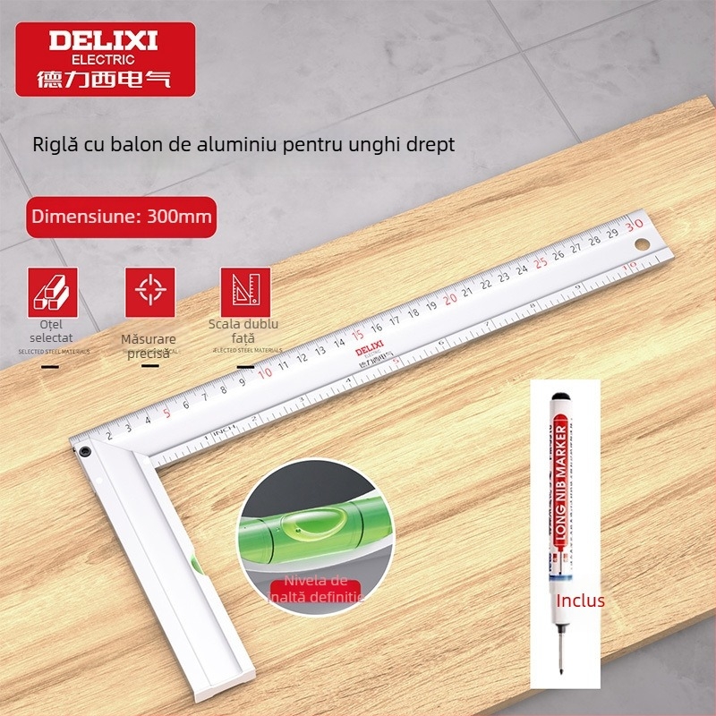 Delixi Electric Riglă unghi drept din aluminiu, 90°, îngroșată, multifuncțională, precizie înaltă pentru tâmplărie