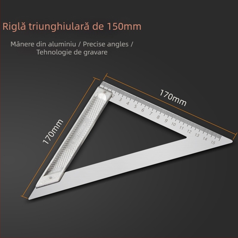 Riglă triunghiulară cu unghi drept, din oțel inoxidabil, 90°, precizie pentru tâmplărie, multifuncțional cu braț din aliaj de aluminiu
