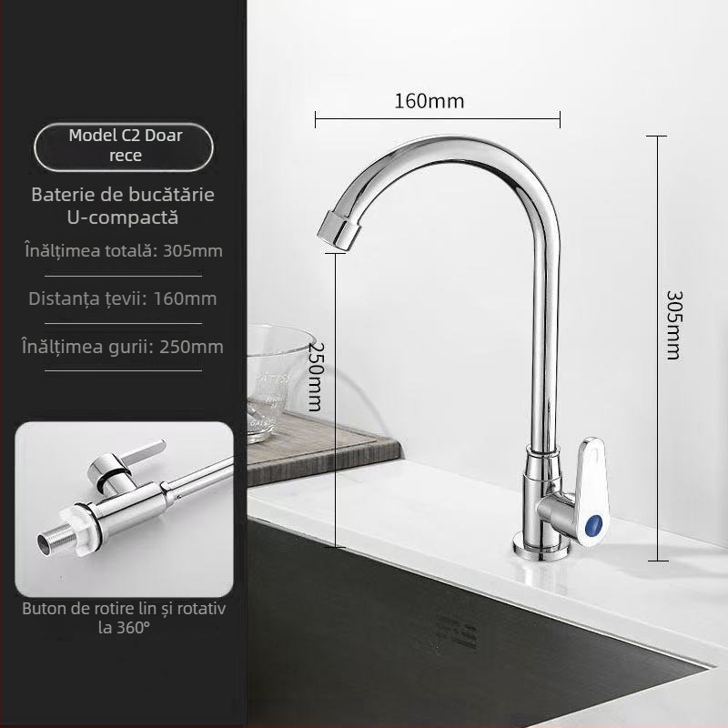  Robinet de bucătărie din oțel inoxidabil, amestecător pentru chiuvetă, disc ceramic, diametrul șeii 32 mm, conducte de 4 mm, model S5-1