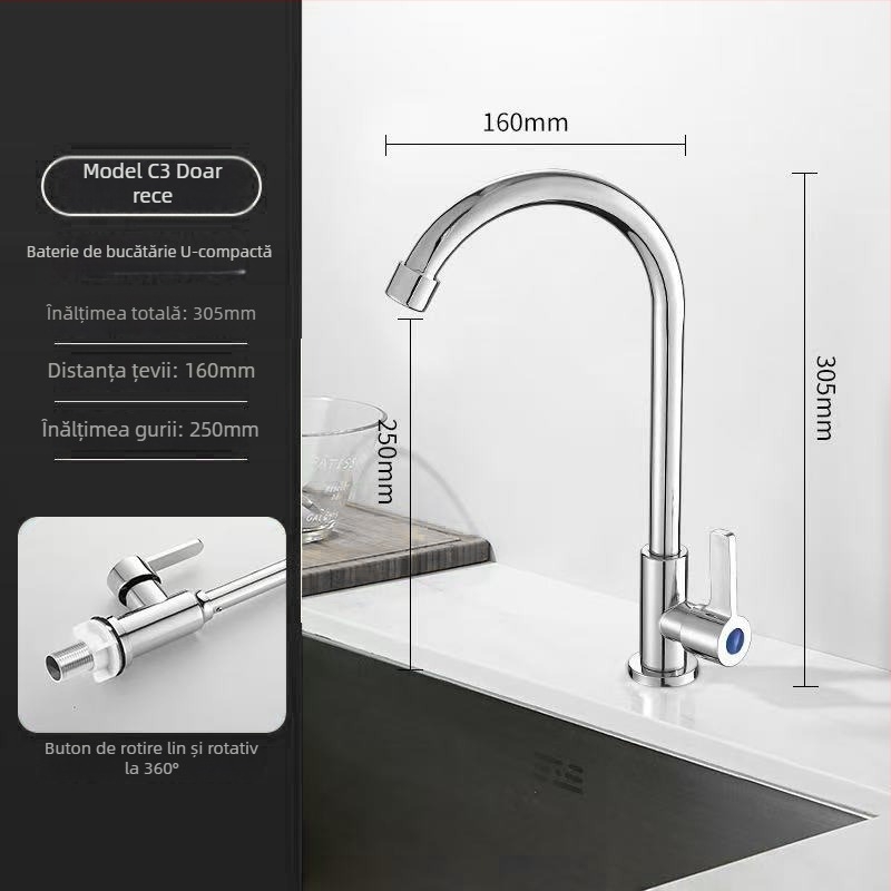  Robinet de bucătărie din oțel inoxidabil, amestecător pentru chiuvetă, disc ceramic, diametrul șeii 32 mm, conducte de 4 mm, model S5-1