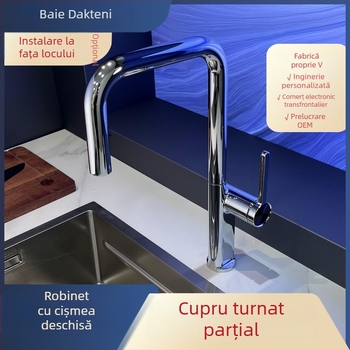 Robinet de bucătărie retractabil, din cupru, rotire la 360°, apă caldă și rece, finisaj cromat