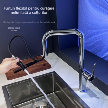 Robinet de bucătărie retractabil, din cupru, rotire la 360°, apă caldă și rece, finisaj cromat