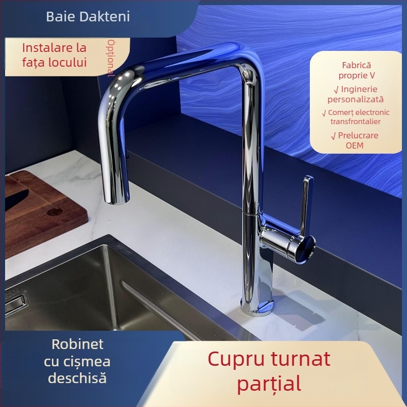 Robinet de bucătărie retractabil, din cupru, rotire la 360°, apă caldă și rece, finisaj cromat