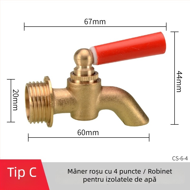 Robinet electric pentru apă fierbinte pentru găleată izolată — corp din cupru, miez de robinet din alamă, montaj filetat, intrare/ieșire Ø20 mm, temperatură de lucru 120°C