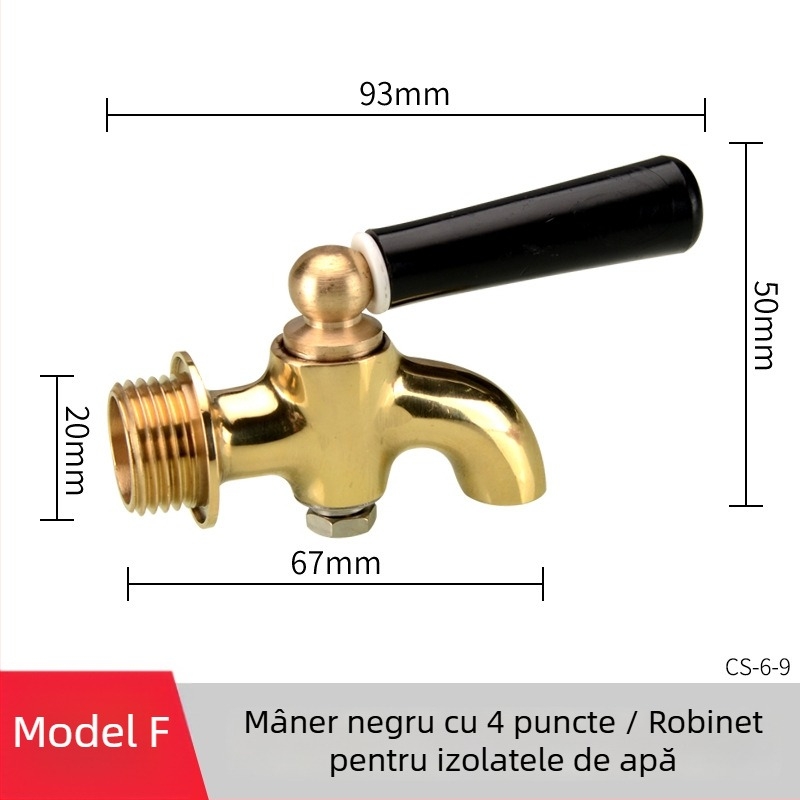 Robinet electric pentru apă fierbinte pentru găleată izolată — corp din cupru, miez de robinet din alamă, montaj filetat, intrare/ieșire Ø20 mm, temperatură de lucru 120°C