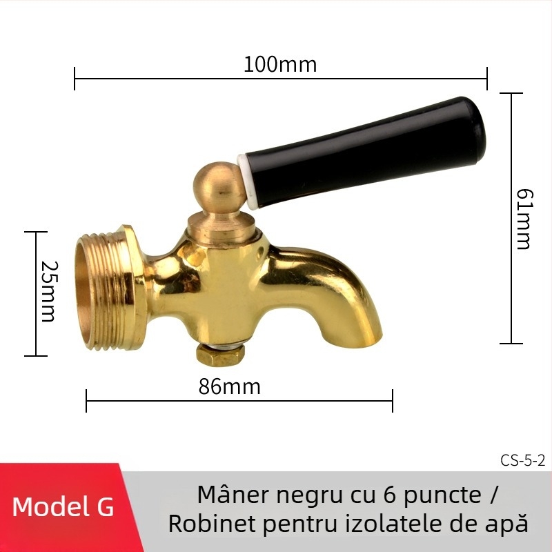 Robinet electric pentru apă fierbinte pentru găleată izolată — corp din cupru, miez de robinet din alamă, montaj filetat, intrare/ieșire Ø20 mm, temperatură de lucru 120°C