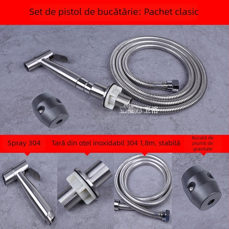 Set de duș pentru chiuveta de bucătărie din oțel inoxidabil 304, cap de spray retractabil, presiune nominală 1,6 MPa, interval de temperatură 0–90°C