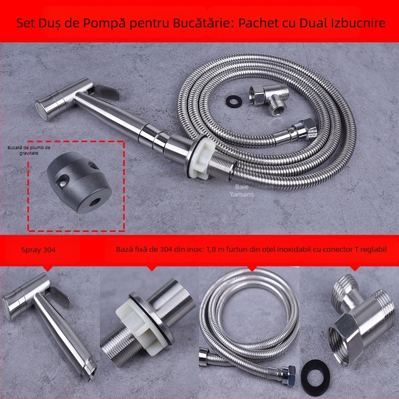 Set de duș pentru chiuveta de bucătărie din oțel inoxidabil 304, cap de spray retractabil, presiune nominală 1,6 MPa, interval de temperatură 0–90°C