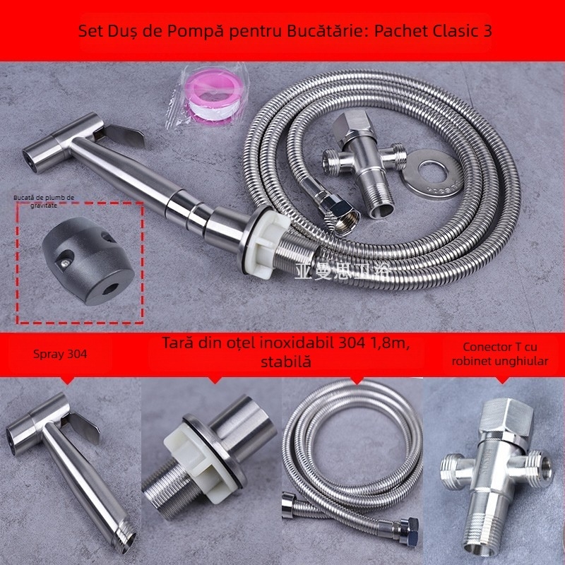 Set de duș pentru chiuveta de bucătărie din oțel inoxidabil 304, cap de spray retractabil, presiune nominală 1,6 MPa, interval de temperatură 0–90°C