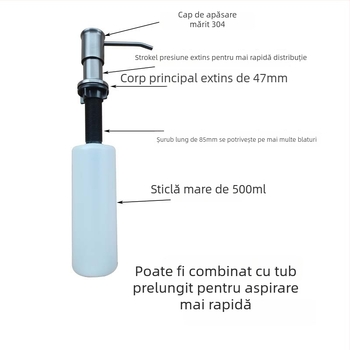 Dispenser de săpun din oțel inoxidabil 304 cu tijă de pompă extinsă, acțiune prin apăsare, design modern minimalist