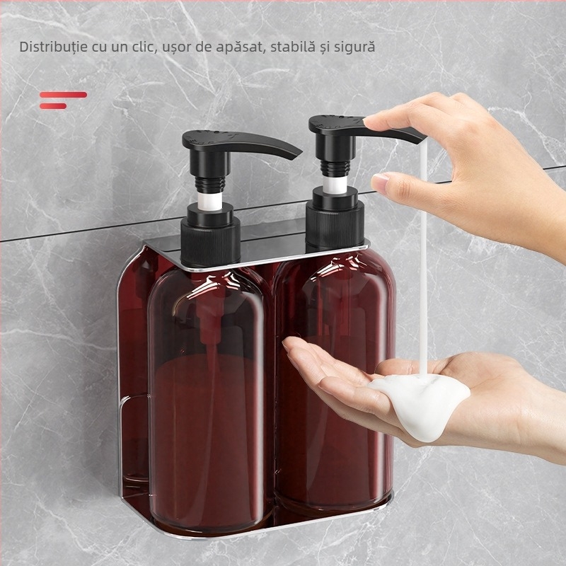 Suport de dozator lichide montat pe perete, din oțel inoxidabil – acționare prin apăsare, stil modern minimalist, finisaj polirat, greutate 0,4 kg