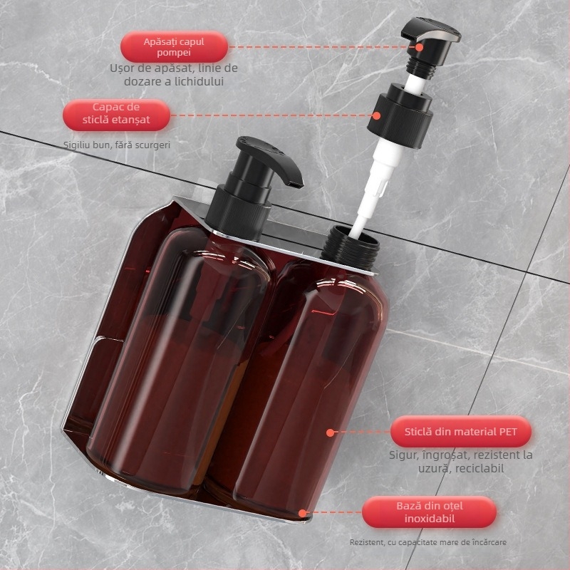 Suport de dozator lichide montat pe perete, din oțel inoxidabil – acționare prin apăsare, stil modern minimalist, finisaj polirat, greutate 0,4 kg