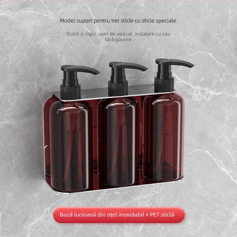 Suport de dozator lichide montat pe perete, din oțel inoxidabil – acționare prin apăsare, stil modern minimalist, finisaj polirat, greutate 0,4 kg