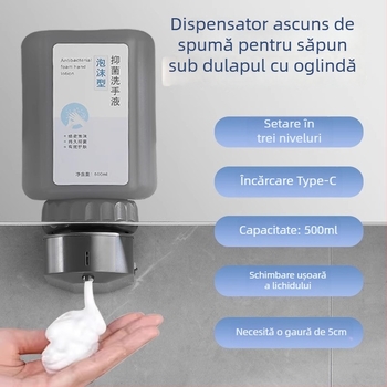 Dispenser cu senzor pentru săpun sub oglindă, dispozitiv ascuns de săpun spumă, plastic; oxidare; stil modern minimalist; senzor