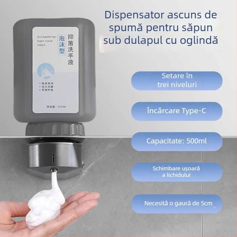 Dispenser cu senzor pentru săpun sub oglindă, dispozitiv ascuns de săpun spumă, plastic; oxidare; stil modern minimalist; senzor