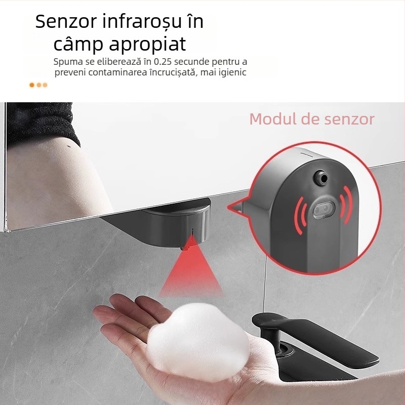 Dispenser cu senzor pentru săpun sub oglindă, dispozitiv ascuns de săpun spumă, plastic; oxidare; stil modern minimalist; senzor