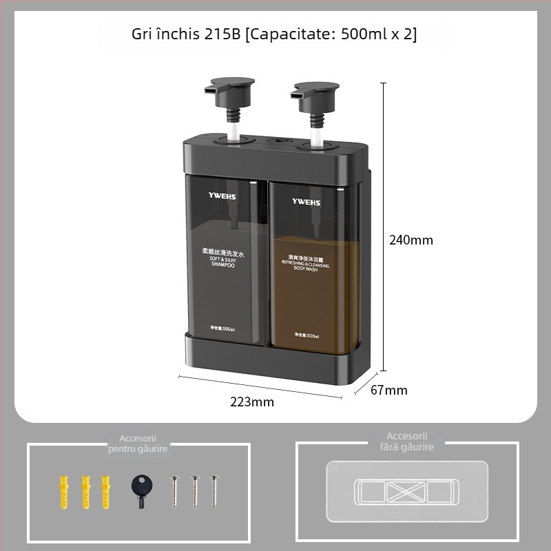 Dozator de perete pentru gel de duș, săpun și dezinfectant — ABS plastic, acționat prin apăsare, fără găuri, 700 g