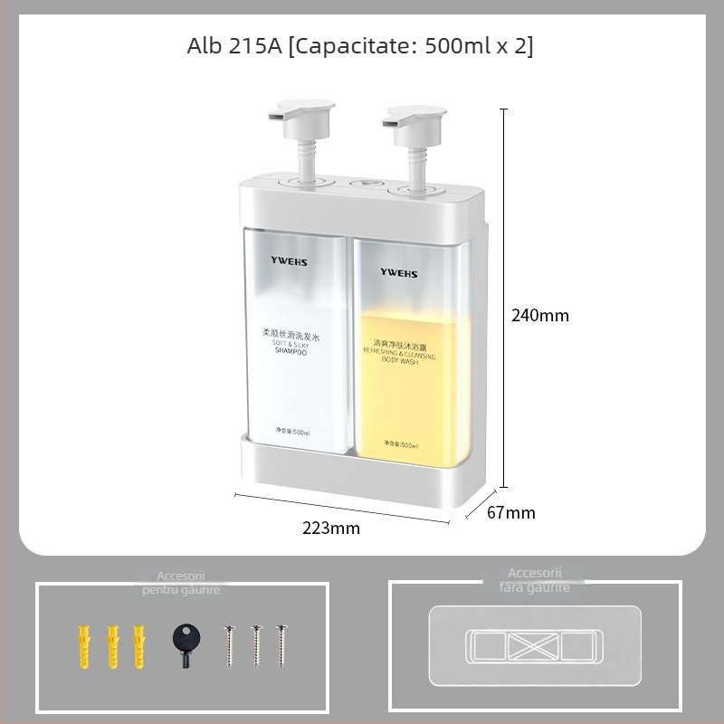 Dozator de perete pentru gel de duș, săpun și dezinfectant — ABS plastic, acționat prin apăsare, fără găuri, 700 g