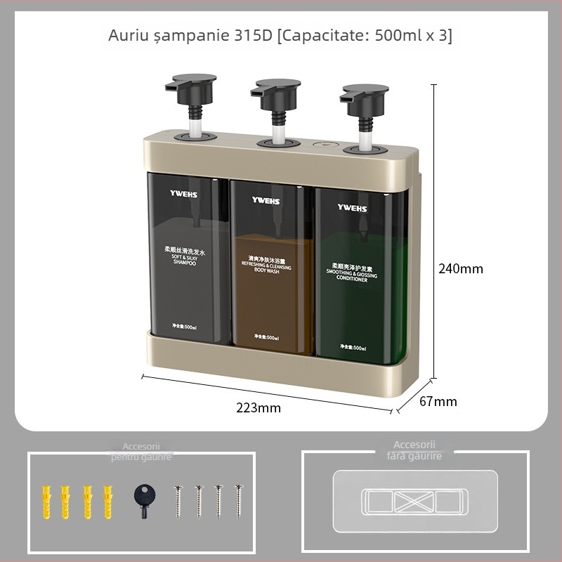 Dozator de perete pentru gel de duș, săpun și dezinfectant — ABS plastic, acționat prin apăsare, fără găuri, 700 g