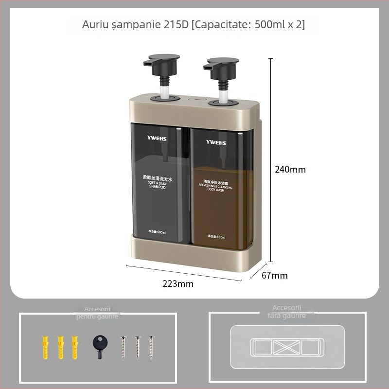 Dozator de perete pentru gel de duș, săpun și dezinfectant — ABS plastic, acționat prin apăsare, fără găuri, 700 g