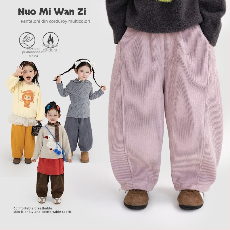 Pantaloni sport pentru copii corduroy, material poliester moale, talie inalta cu banda elastica, iarna 2025, pentru fete 3–8 ani