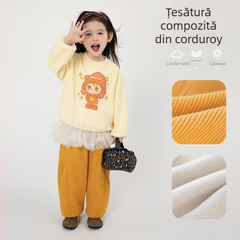 Pantaloni sport pentru copii corduroy, material poliester moale, talie inalta cu banda elastica, iarna 2025, pentru fete 3–8 ani
