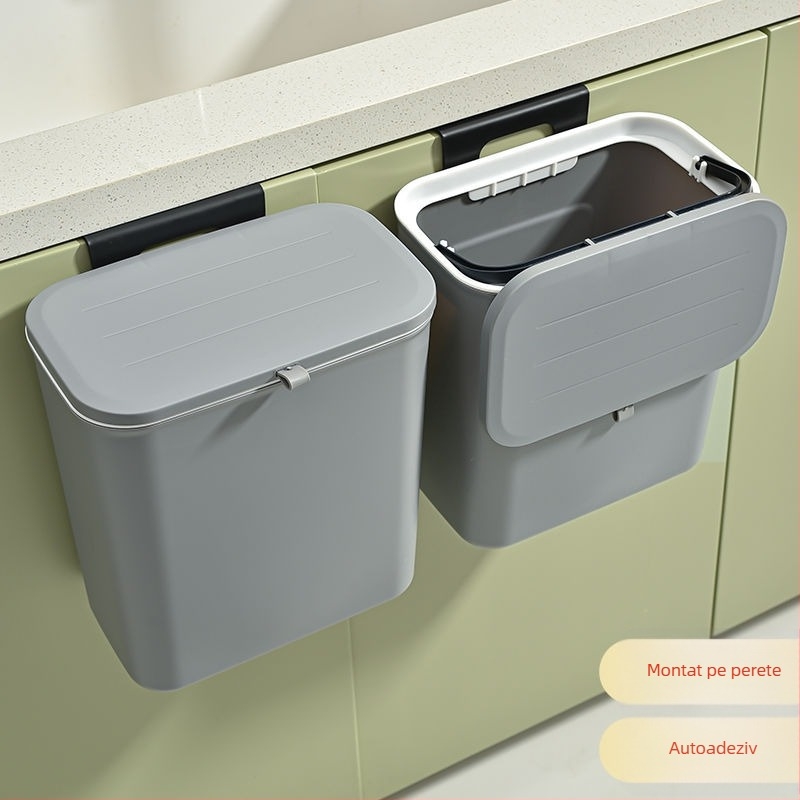 Coș de gunoi de baie montat pe perete, capac basculant, din plastic, formă cilindrică, capacitate până la 4 L