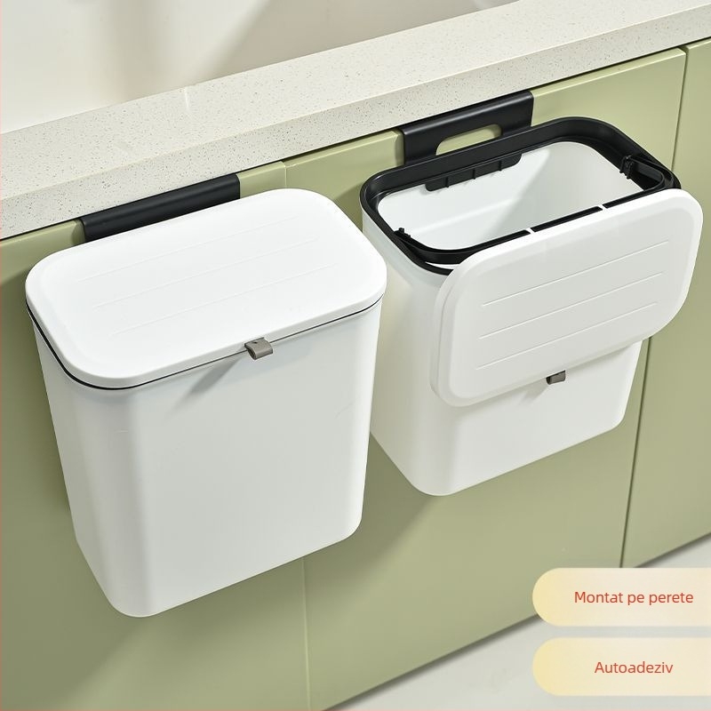 Coș de gunoi de baie montat pe perete, capac basculant, din plastic, formă cilindrică, capacitate până la 4 L