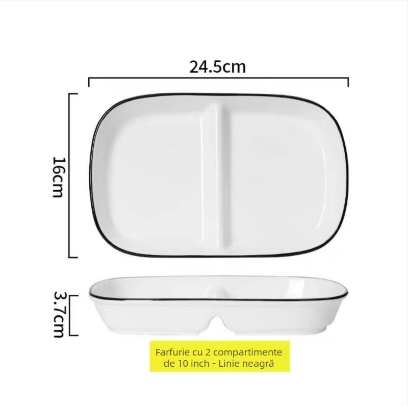 Farfurie porționată din porțelan, cu compartimente, formă neregulată, compatibilă cu microunde, culoare sub glazură, personalizare cu logo