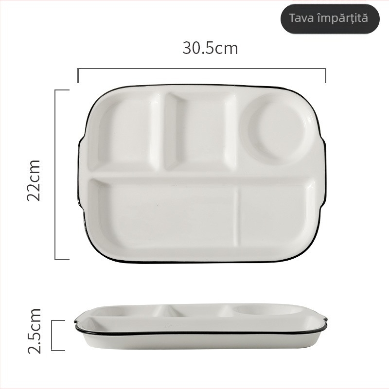 Farfurie porționată din porțelan, cu compartimente, formă neregulată, compatibilă cu microunde, culoare sub glazură, personalizare cu logo