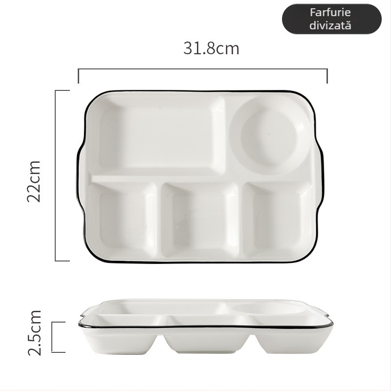 Farfurie porționată din porțelan, cu compartimente, formă neregulată, compatibilă cu microunde, culoare sub glazură, personalizare cu logo