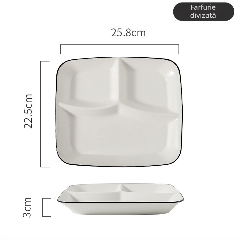 Farfurie porționată din porțelan, cu compartimente, formă neregulată, compatibilă cu microunde, culoare sub glazură, personalizare cu logo