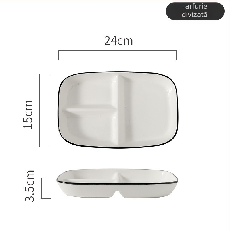 Farfurie porționată din porțelan, cu compartimente, formă neregulată, compatibilă cu microunde, culoare sub glazură, personalizare cu logo