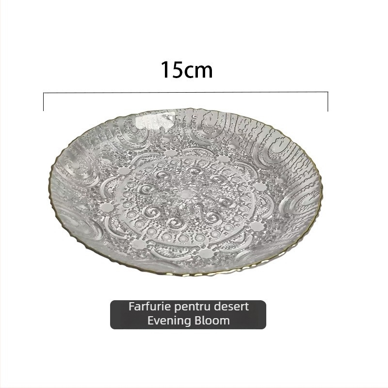 Farfurie de fructe din sticlă, cu textură ciocănită, stil japonez, design simplu