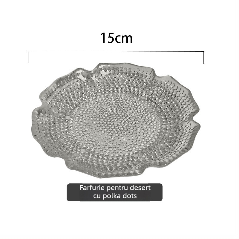 Farfurie de fructe din sticlă, cu textură ciocănită, stil japonez, design simplu