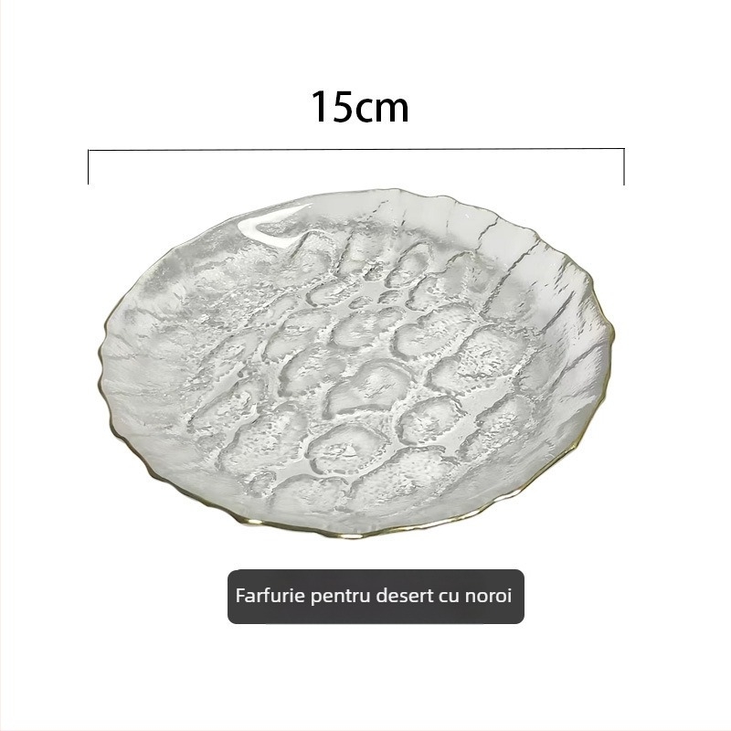 Farfurie de fructe din sticlă, cu textură ciocănită, stil japonez, design simplu